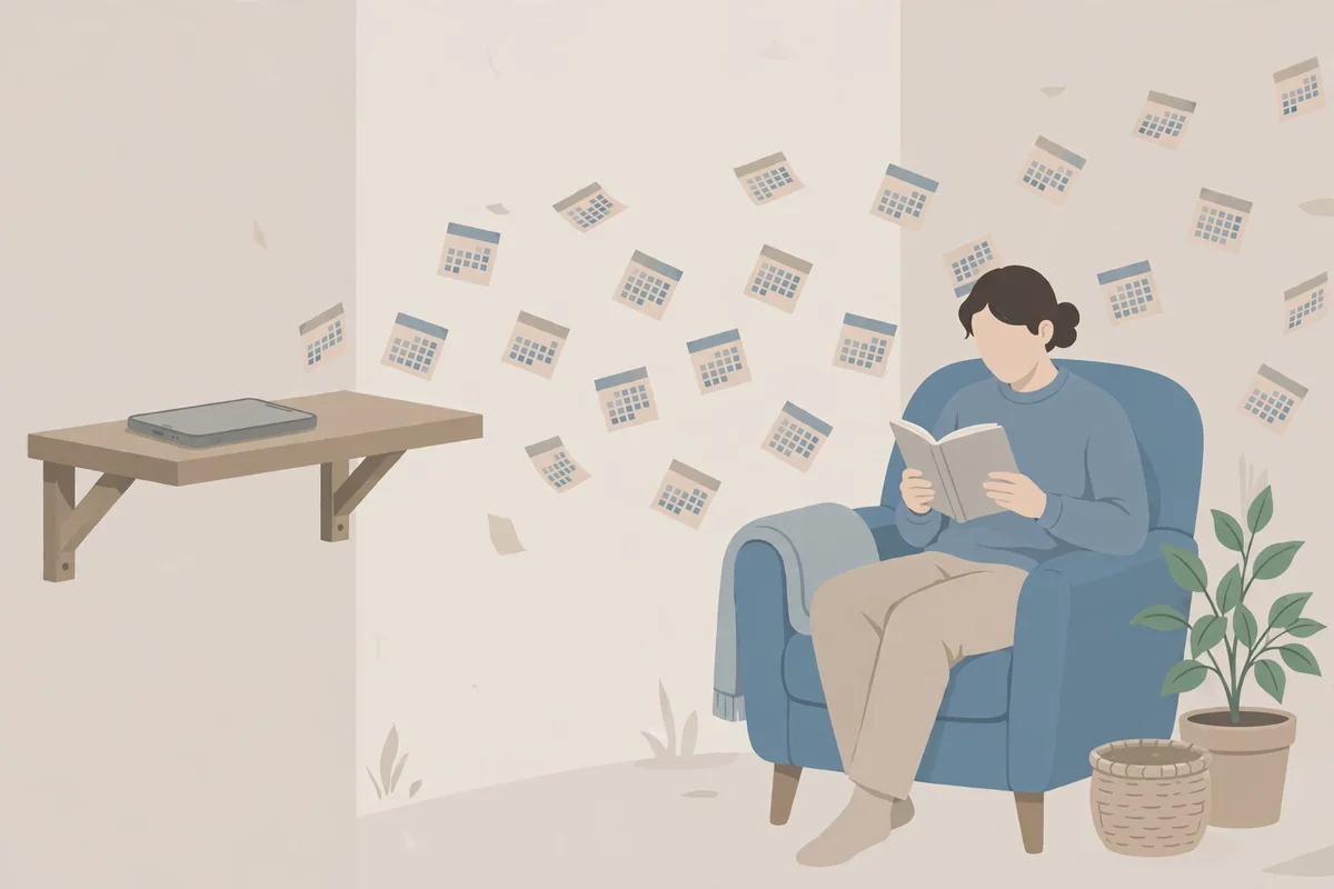 30-day digital declutter - smartphone left unused on a shelf while a person reads a paper book