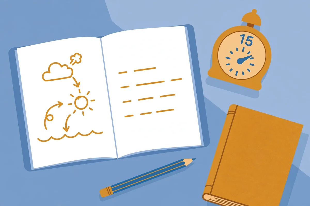 Feynman Technique study routine - open notebook with a simple diagram, pencil and timer showing fifteen minutes