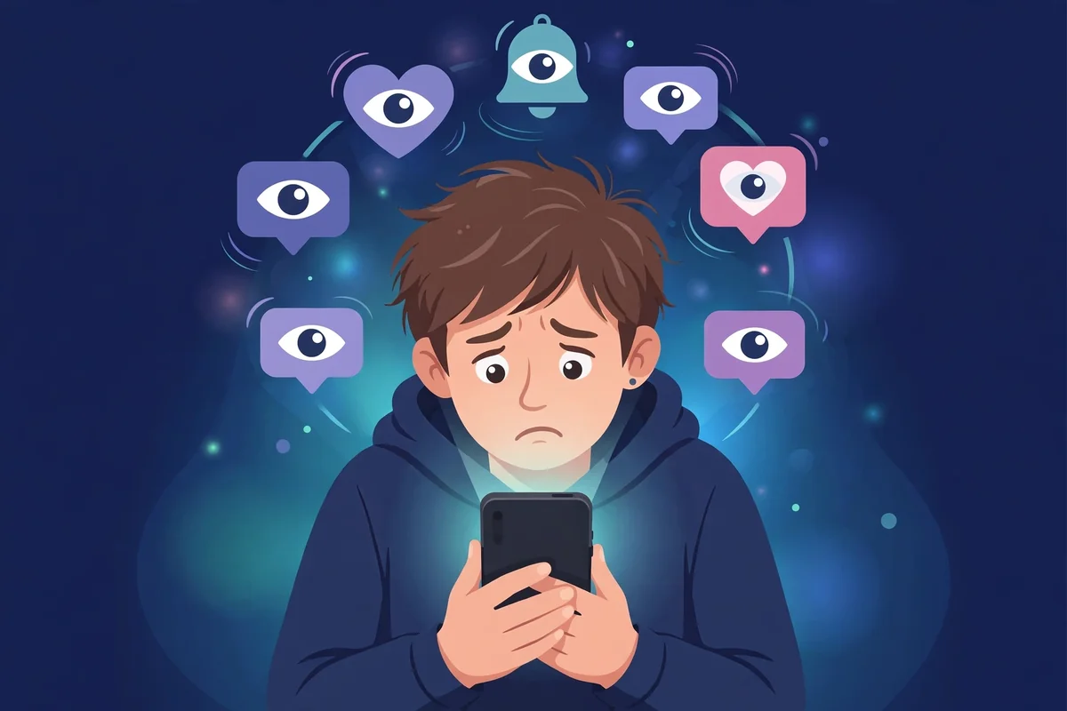 Spotlight effect and social media anxiety - worried person checking phone with notification icons circling like watching eyes