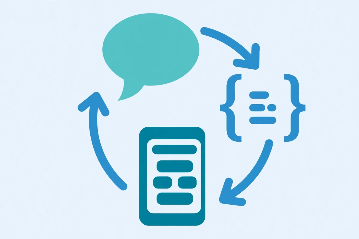 Vibe coding workflow: describe in plain language, AI generates code, refine the app